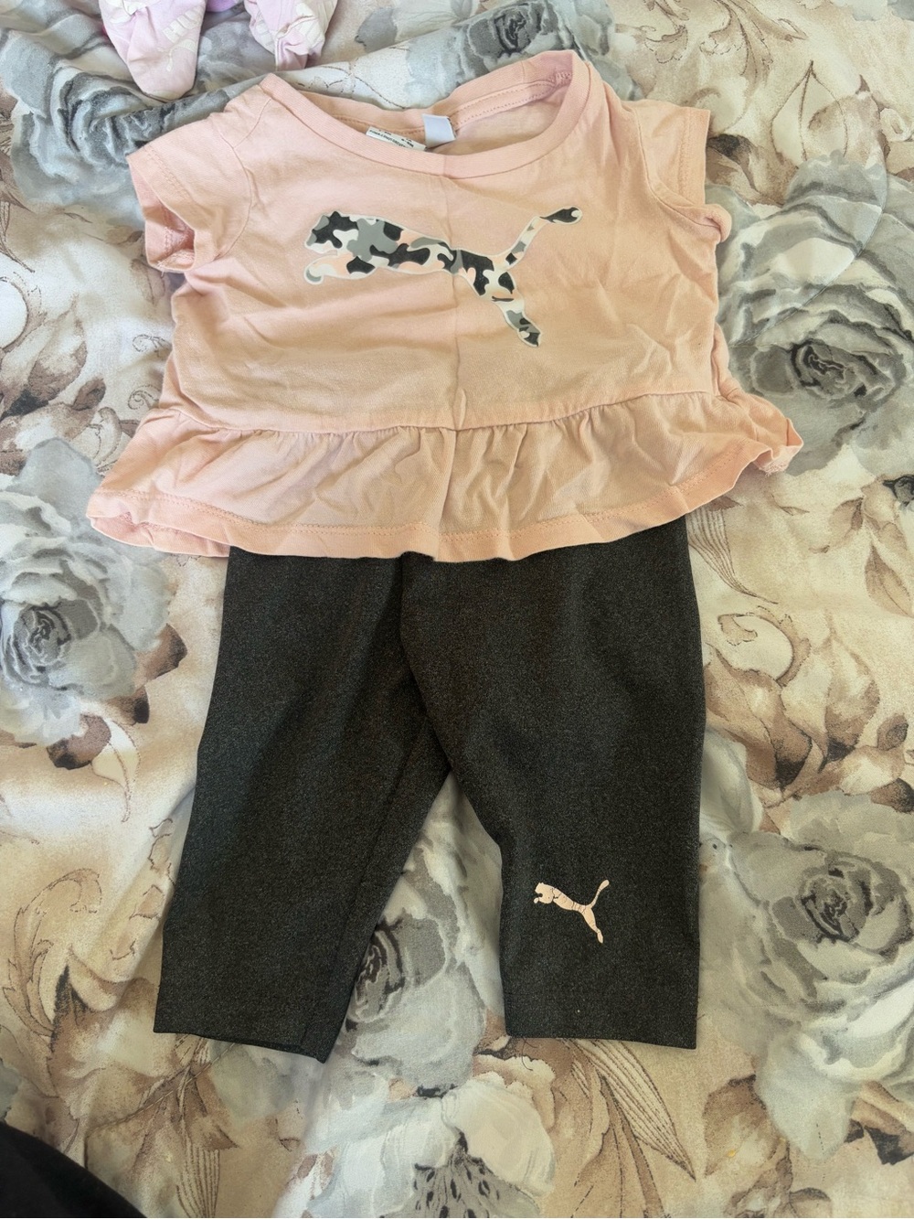 Puma Pink Ruffle Top with Charcoal Gray Leggings